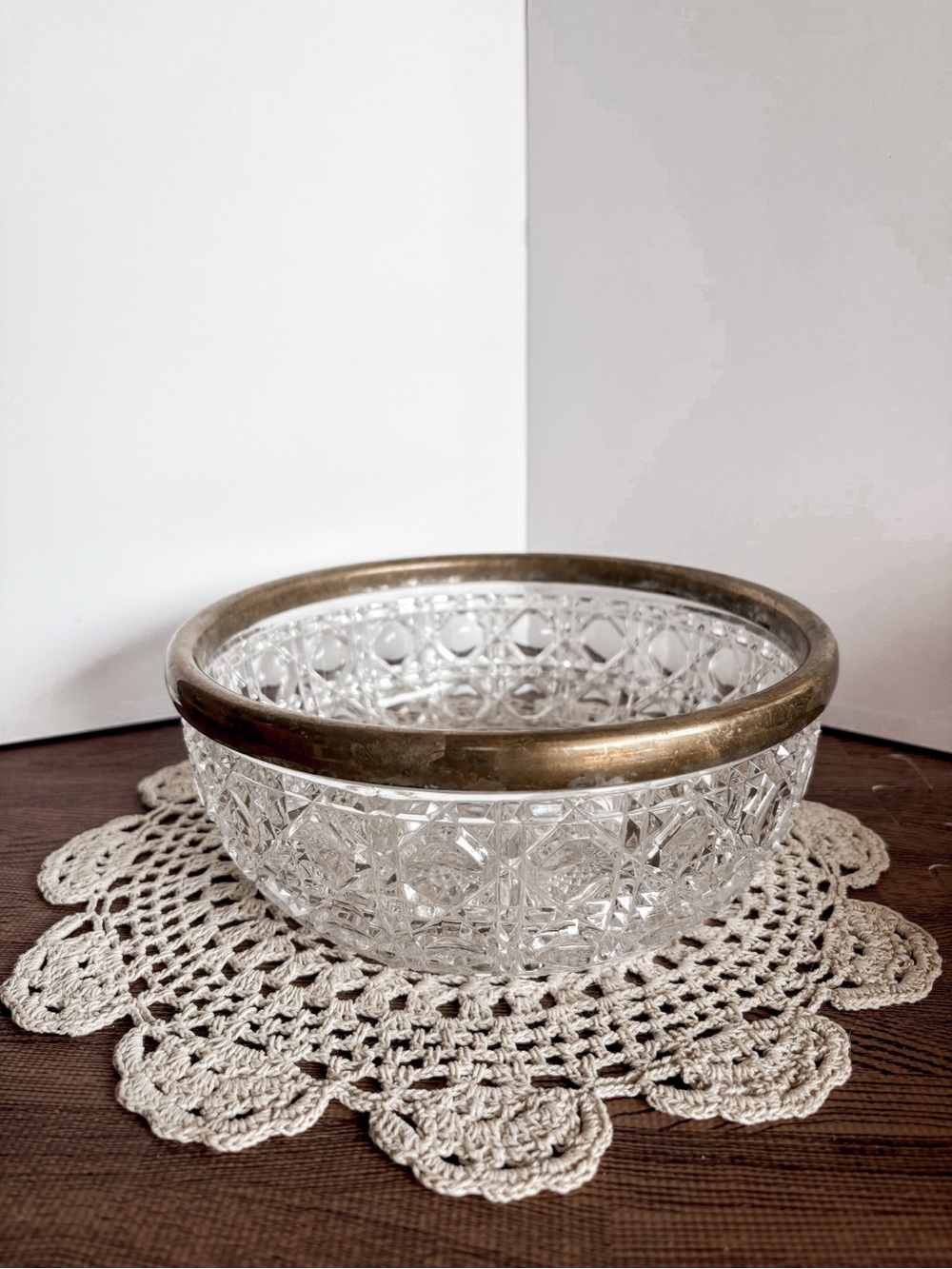 Vintage Vintage Clear Crystal Bowl with Brass Rim